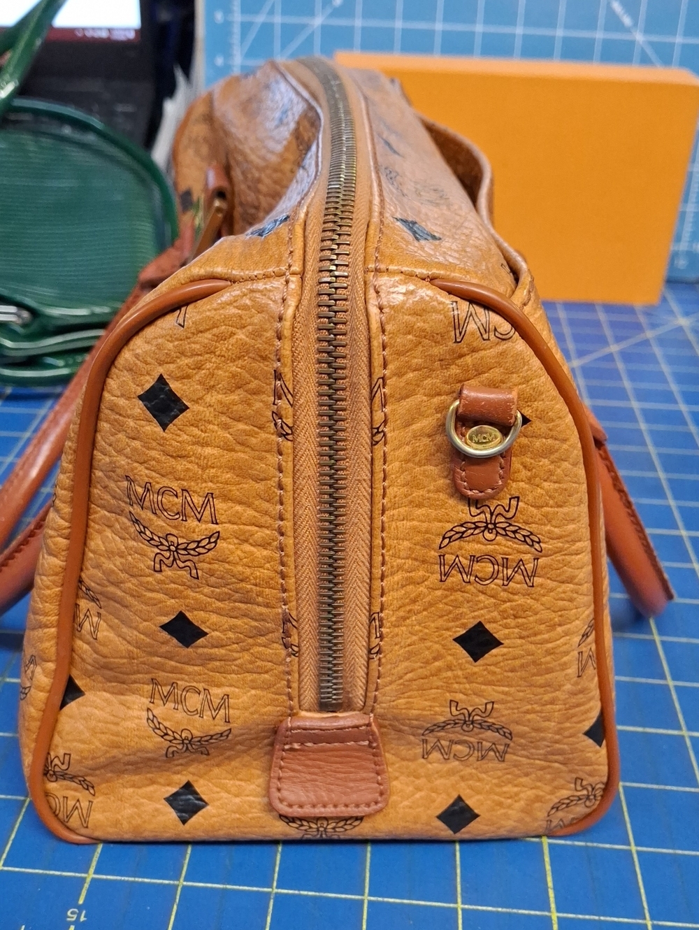 MCM Cognac Visetos Monogram Satchel Gold Hardware Removable Adj Strap Preloved - Picture 8 of 16